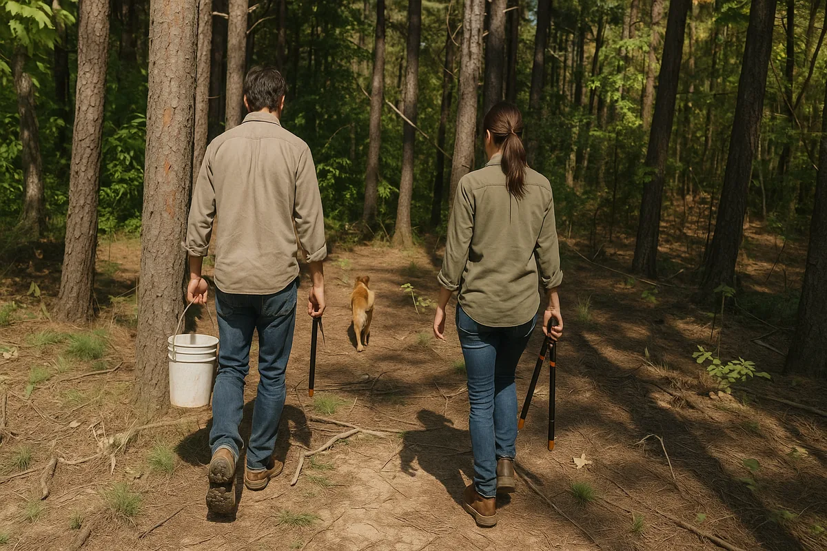 A couple walking through the pine woods on the property with a dog ahead of them.