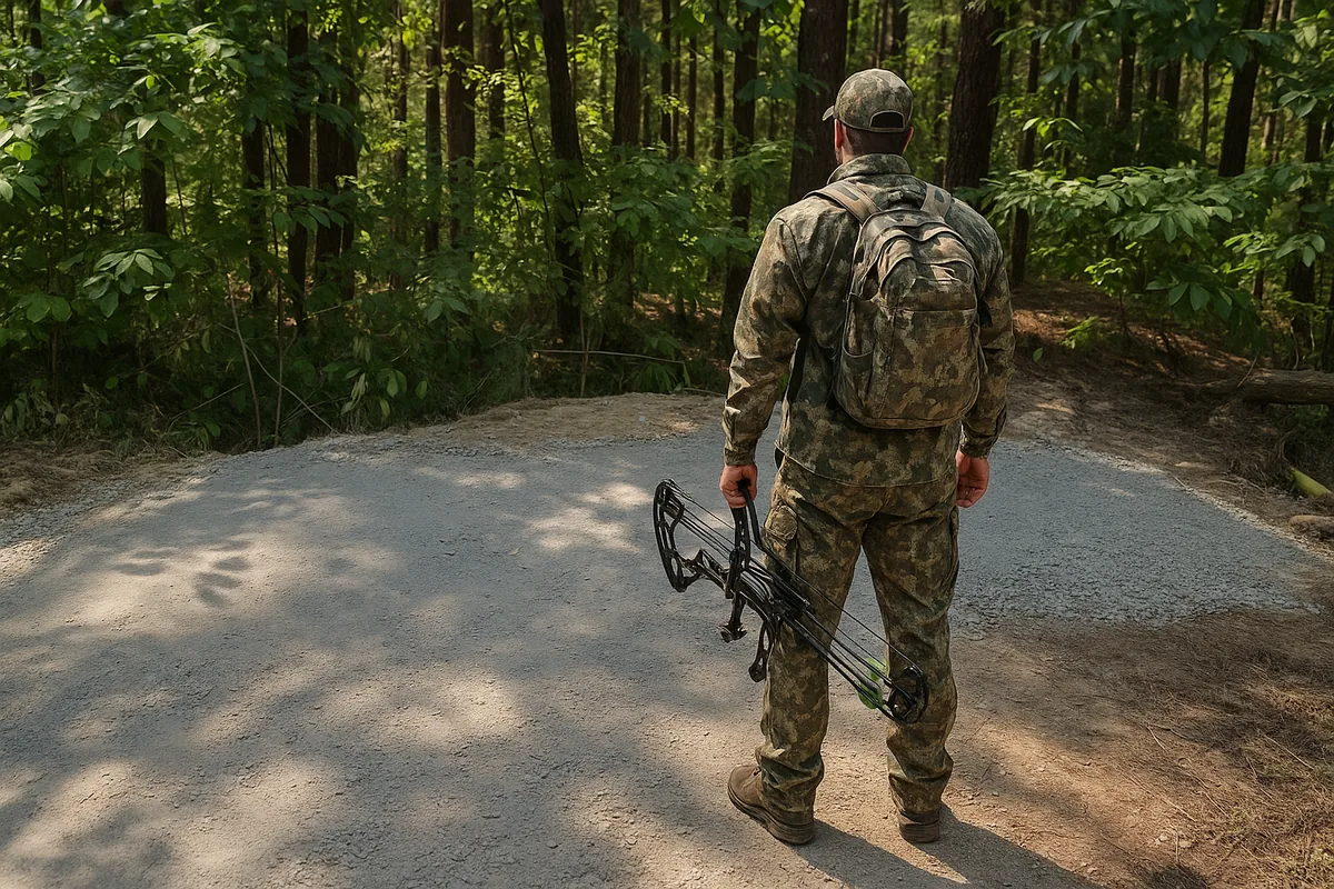 A hunter standing at the edge of the clearing looking into the timber at dawn.