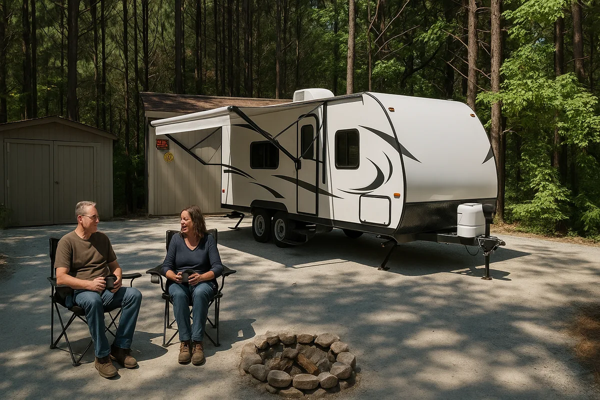 A travel trailer parked on the gravel pad with an awning out and chairs by a fire ring.